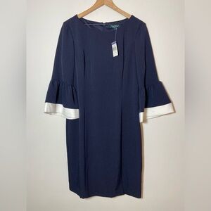 Lauren Ralph Lauren Womens Navy Blue Bell Sleeve  Dress Size 14 New